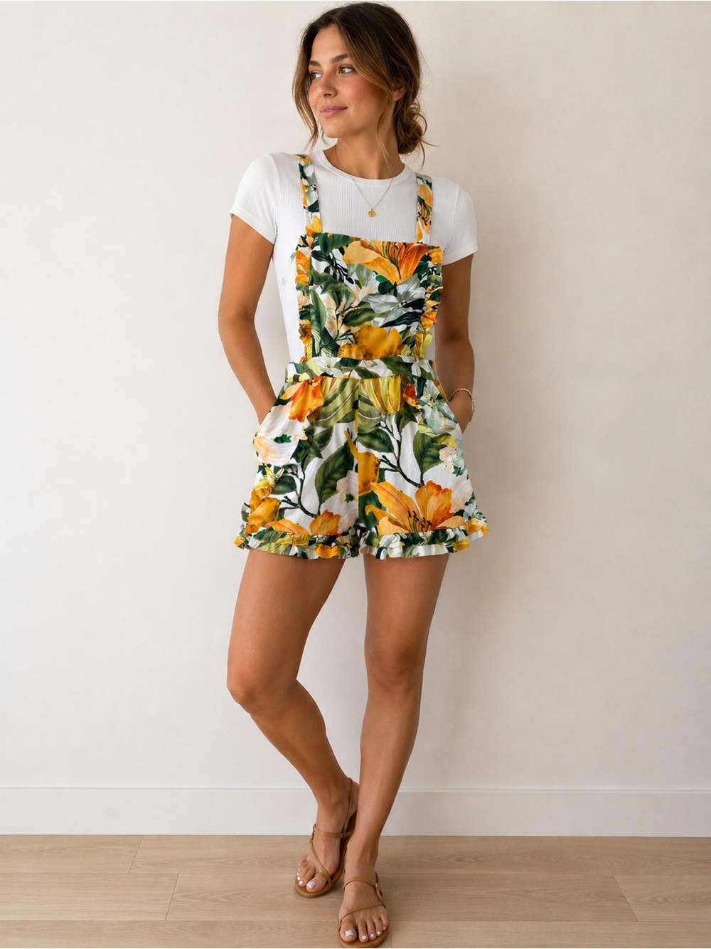 H&M Floral Ruffle Romper Yellow Lily Print Size 6 EU 36‎ Summer Boho